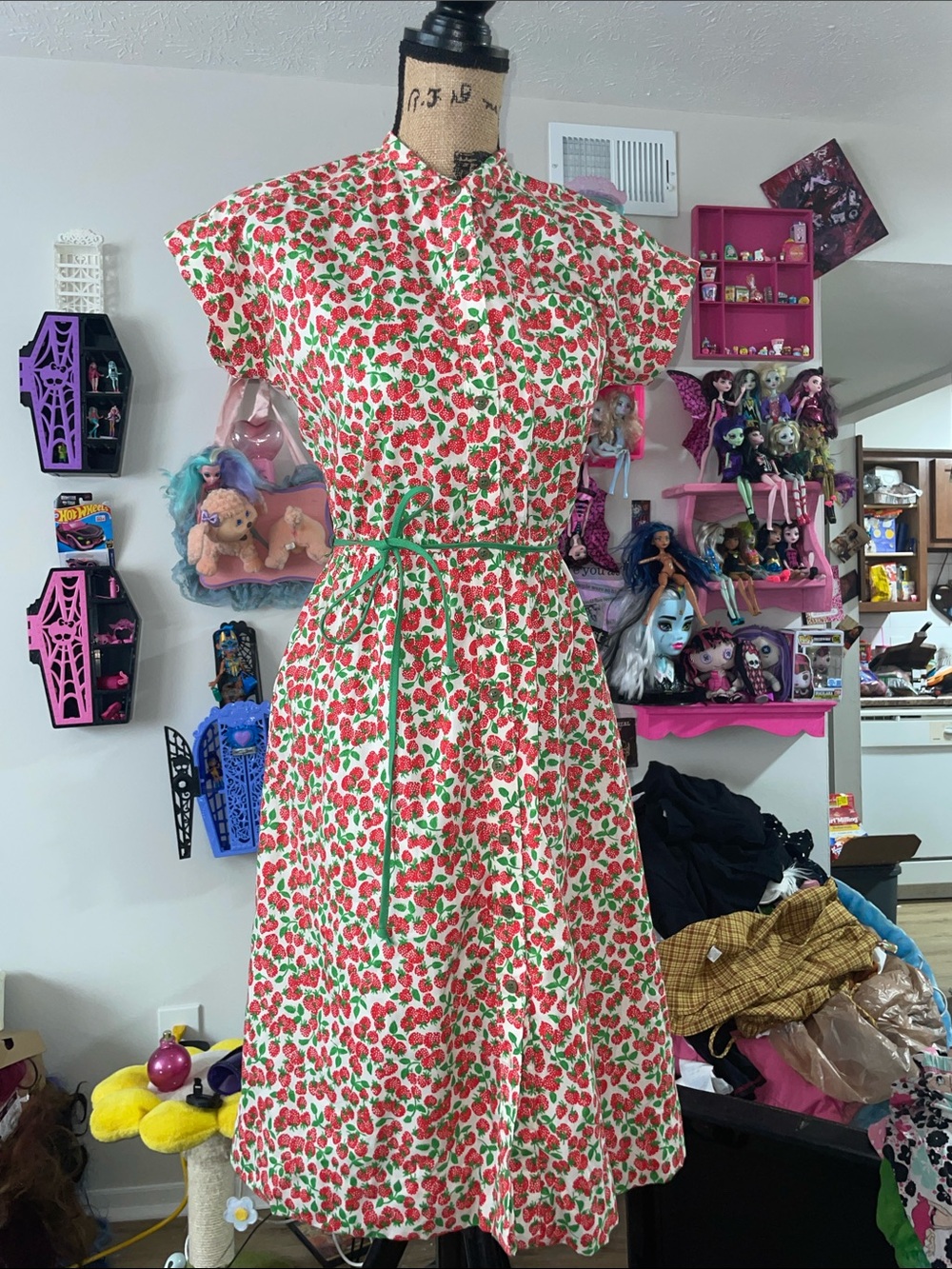 Strawberries Print Midi Dress with Green Trim